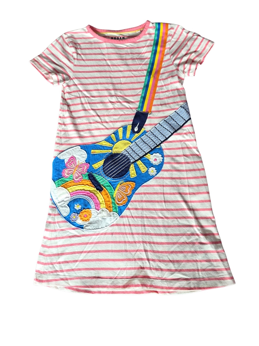 Mini Boden Pink & White Striped Dress with Colorful Guitar Applique